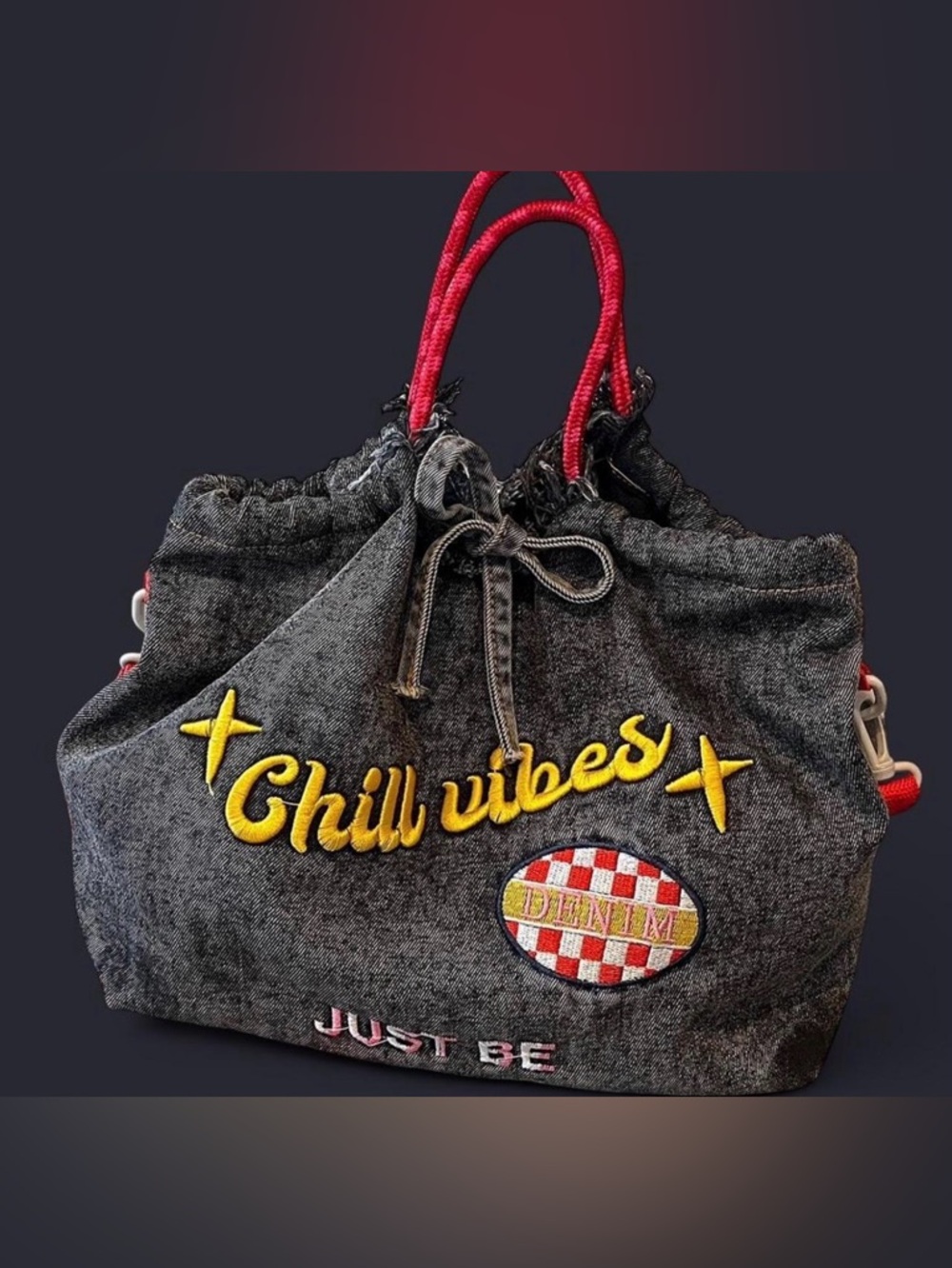 Chill Vibes Grey Denim Crossbody Bag with Red Handles